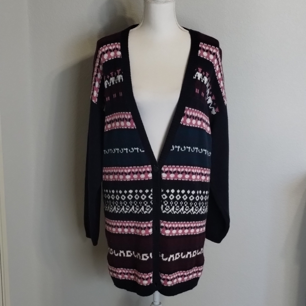 Paris Sport Club Navy Pink White Long Button Cardigan Size Large vintage piece